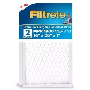 Filtrete 16x25x1 HVAC Furnace Air Filter, MPR 1900 MERV 13, Premium Allergen 2PK